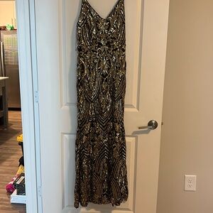 Lulu's Truly Alluring Black Gold Full Sequin Mermaid Maxi Dress Gown Sz L